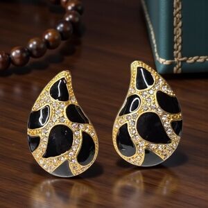 Oversized Chunky Matte Gold Paisley Onyx Enamel Crystal Earrings